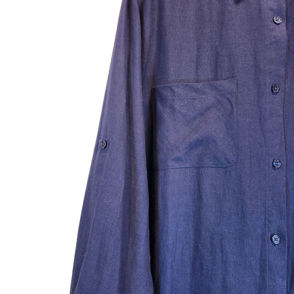 Jessica London Hi-Low Linen Blend Tunic Women`s Sz 18W Navy Blue Roll Tab Sleeve - Picture 5 of 10